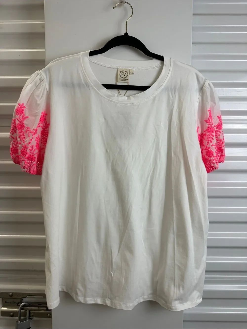 Grace & Emma White Tee with Pink Embroidered Puff Sleeves